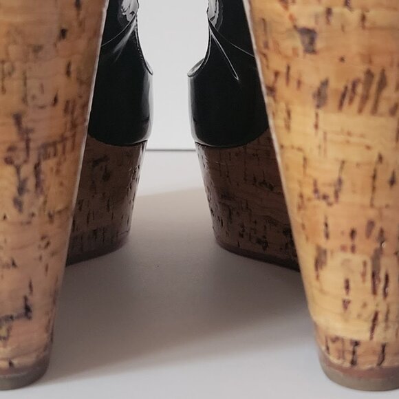 Christian Louboutin Black Patent Leather Peep Toe Cork Sole Platform Wedges - Picture 11 of 14